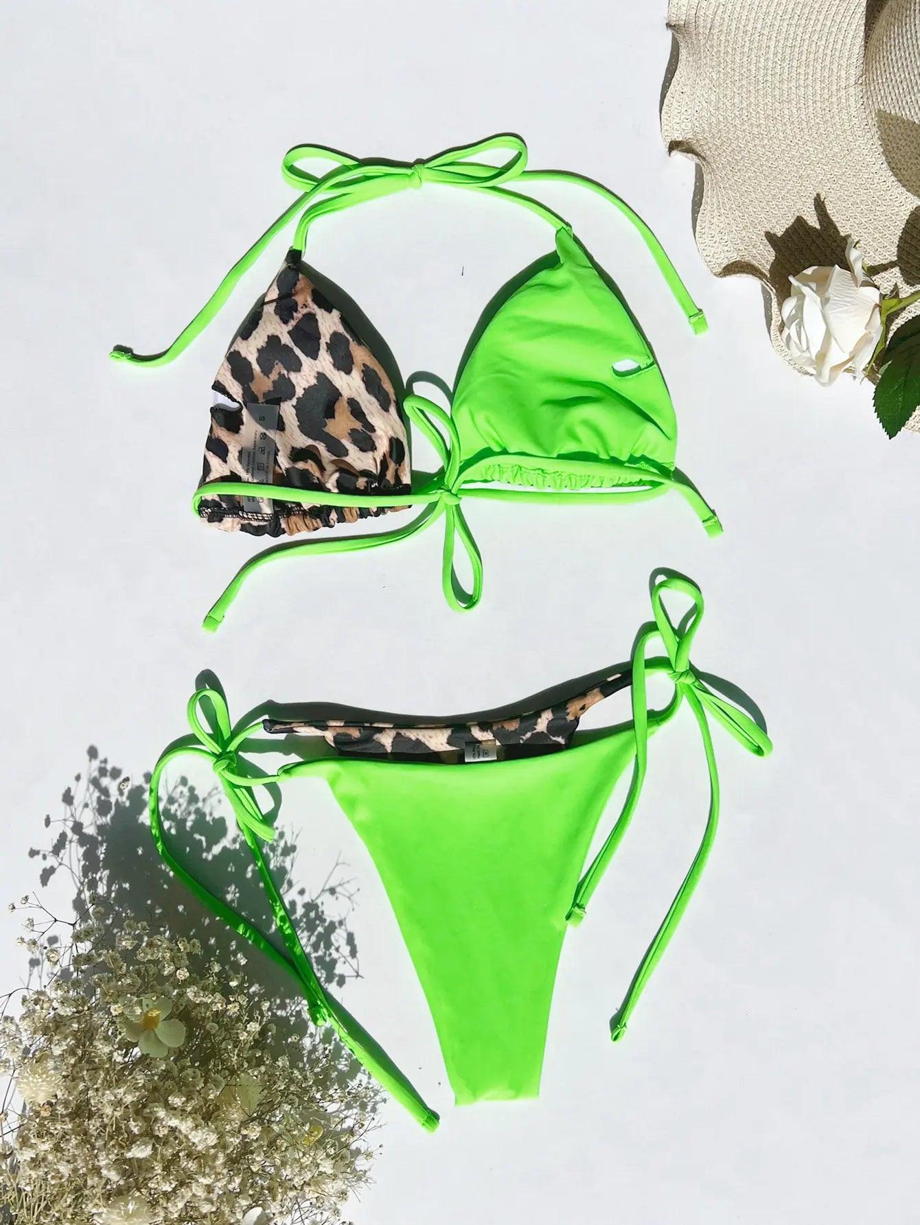 Leopardmönstrad Bikini Set med Knutdetalj - Sommarstil - WIQ