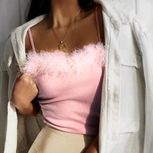 Rosa Pälsremmar Off-Shoulder Crop Top med Snörningsdetalj - WIQ